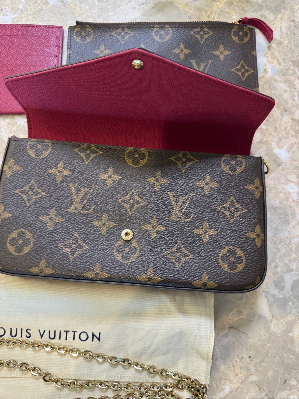 Inspire Brown Monogram Crossbody Wallet with Gold Chain and Burgundy Interior - Picture 4 of 13